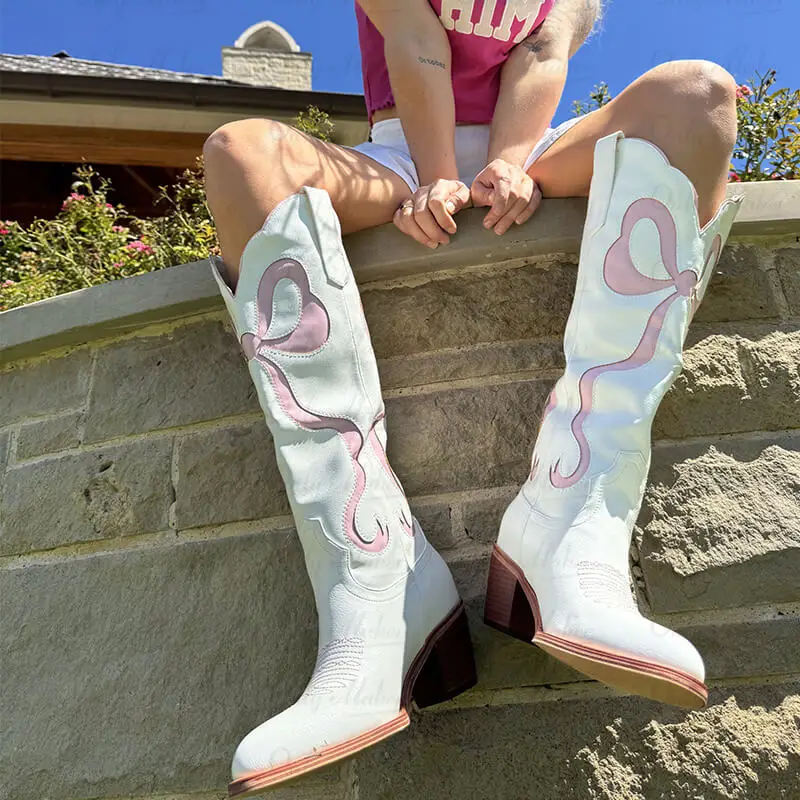 

Onlymaker Women Pink Pull-on Knee High Cowgirl Boots with Bow Comfy Women Big Size Cowboy Boots