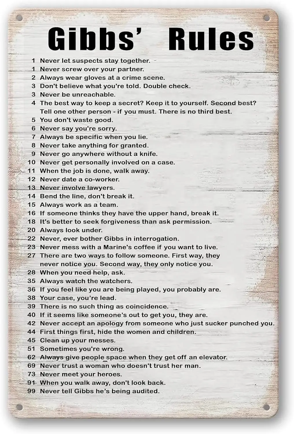 Gibbs Rules - Funny Rules Vintage Metal Tin Sign Wall Art Gibbs Rules Wall Decor Gibbs Rules Poster Inspirational Wall Art Print