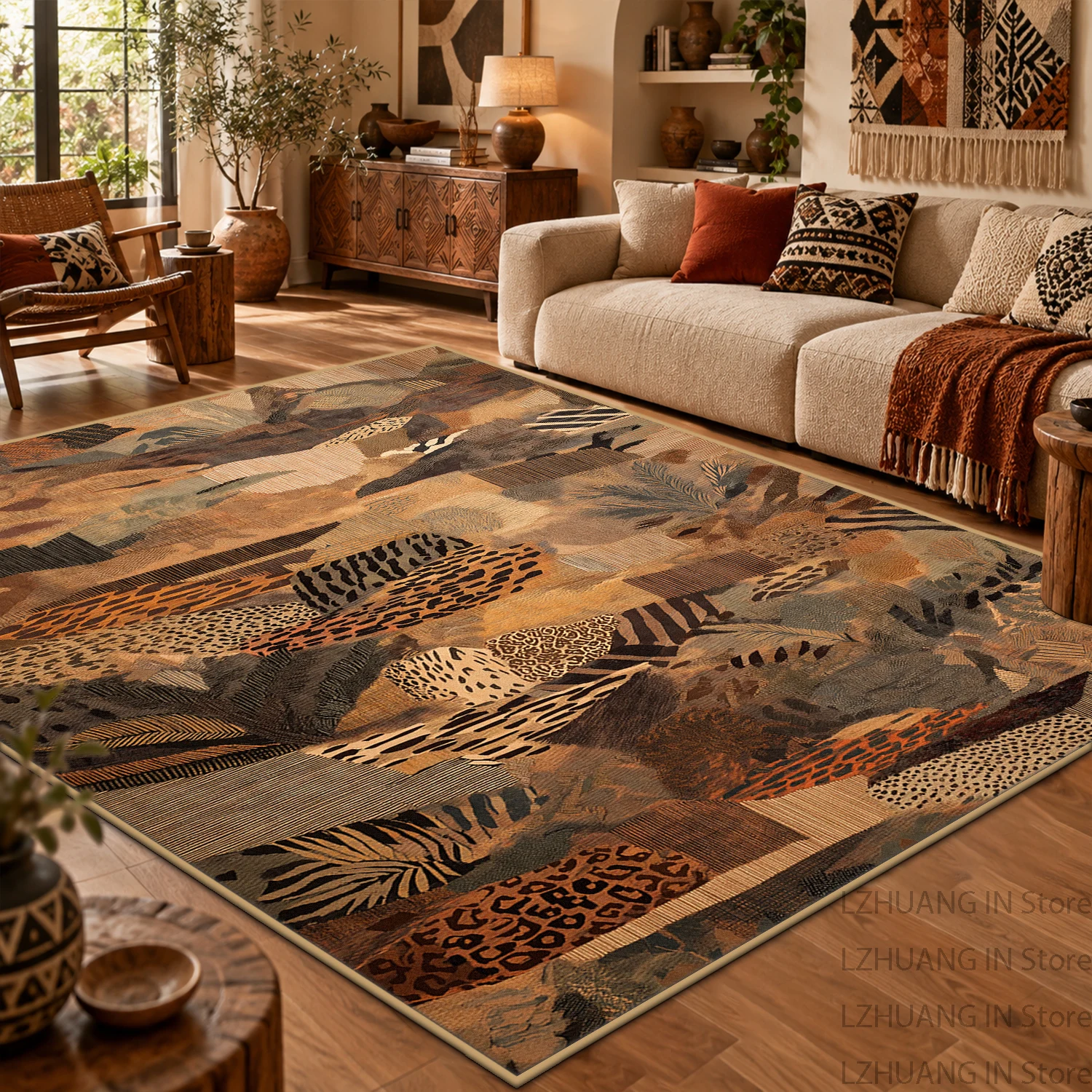 American Vintage Leopard Print Pattern Big Area Carpet Tropical Leaf Decorative Living Room Soft Rug Non-slip Washable Room Mat