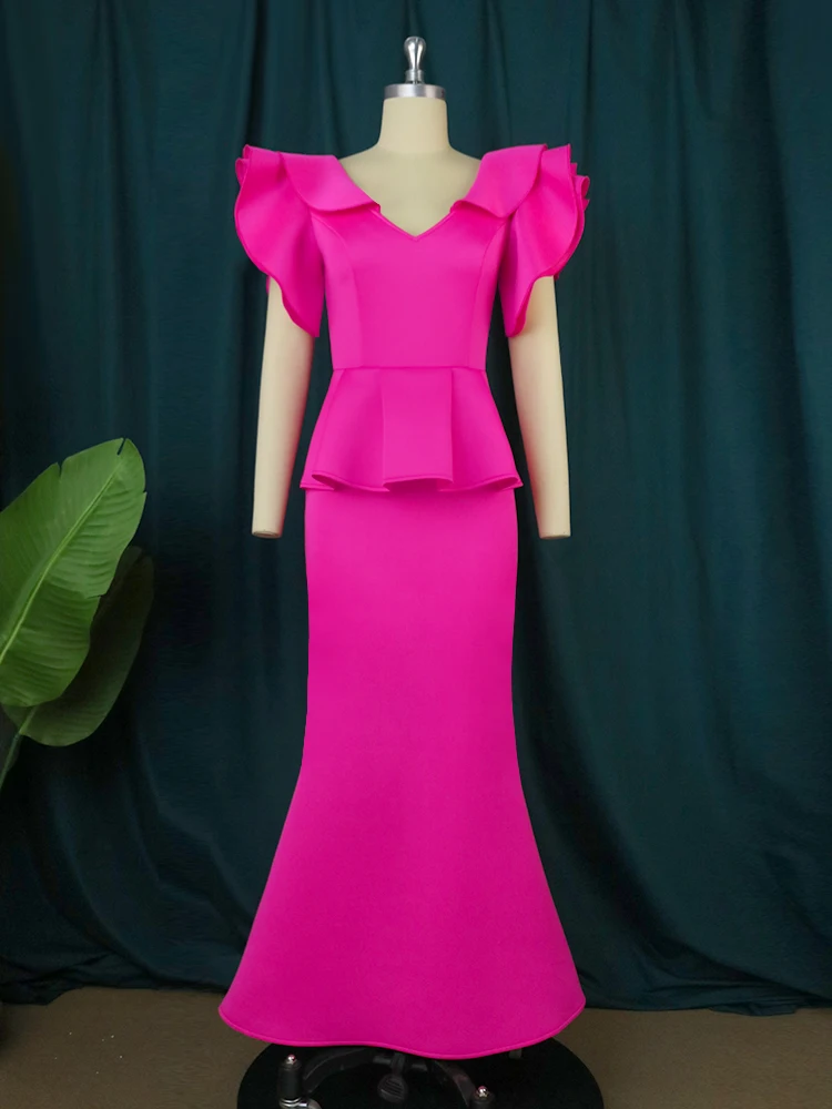 Vestidos longos vermelhos rosa com babados, Peplum de cintura alta, Bodycon com comprimento do tornozelo, Outifts de festa de aniversário à noite,