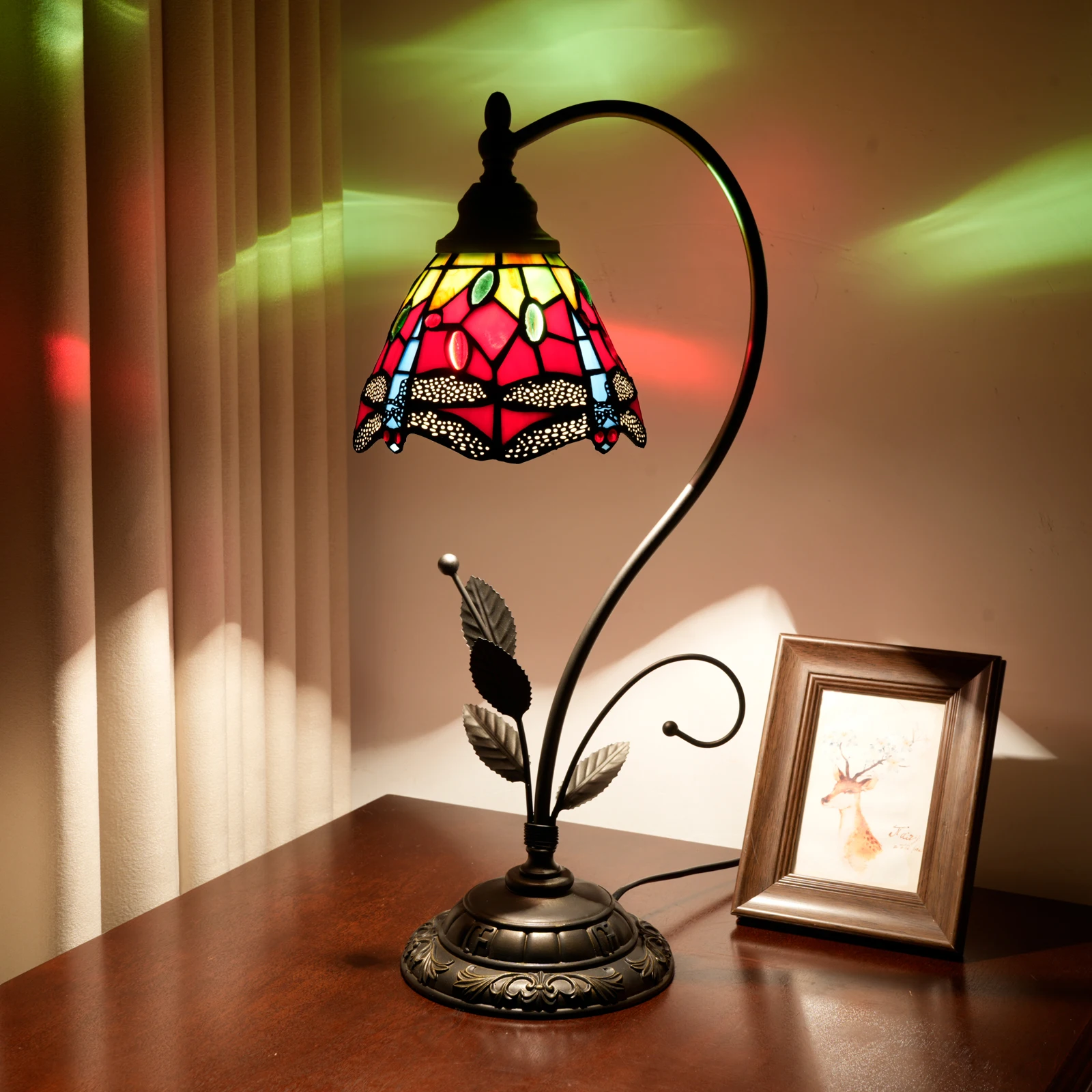 

Vintage Stained Glass Table Lamp for Bedside,Living Room,Bedroom,Office,20 inch High Red Dragonfly Style Light