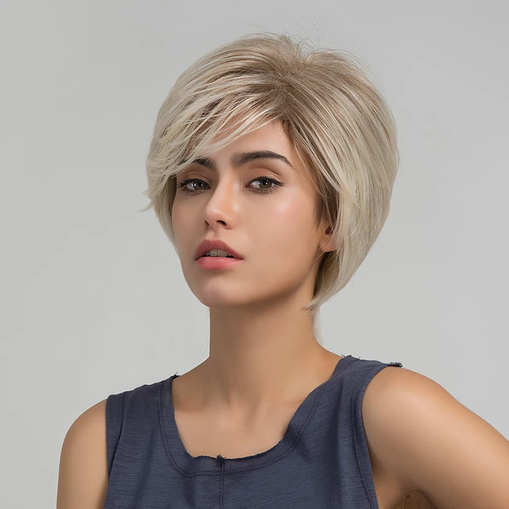 Białe blond syntetyczne krótkie włosy peruki puszyste fryzura Pixie peruka z grzywką dla białych kobiet Natural Bob warstwowa peruka żaroodporne