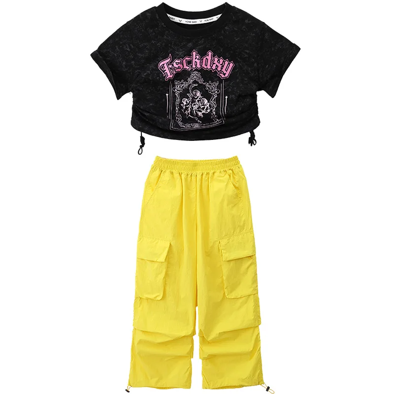 Kid Hip Hop Clothing Crop Top Streetwear Dopamine Tactical Yellow Cargo Pants For Girl Jazz Dance Costume Clothes New