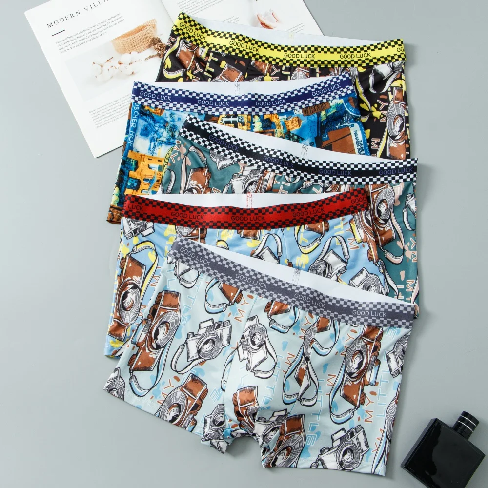 5Pcs/Lot Men\'s Boxer Shorts Youthful Ice Silk Underwear with Full Printed Cool Fabric