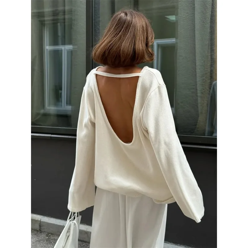 

Женский вязаный свитер без спинки, свободного кроя, однотонный, повседневный, элегантный, с длинными рукавами, в стиле пэчворк, для работы, женский вязаный пуловер