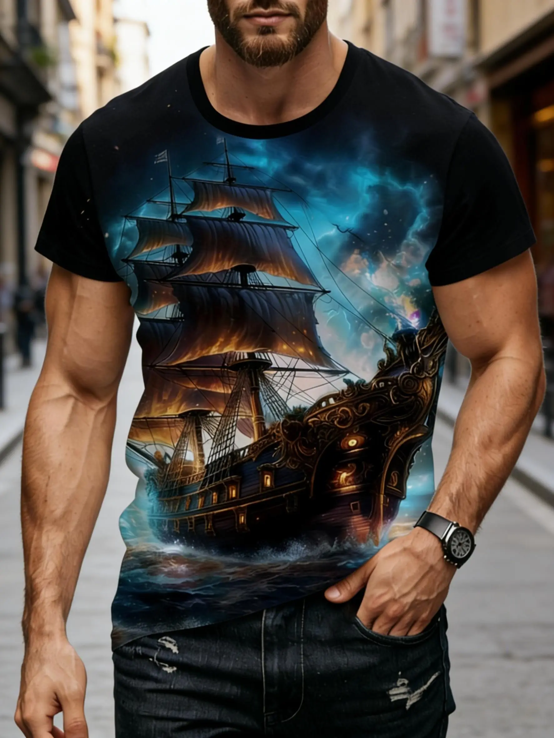 Fashion Sailing Pirate Ship 3D Print T-Shirts Men Women Casual Short Sleeve T Shirt Outdoor Top Y2K Harajuku Tees Men's Clothing