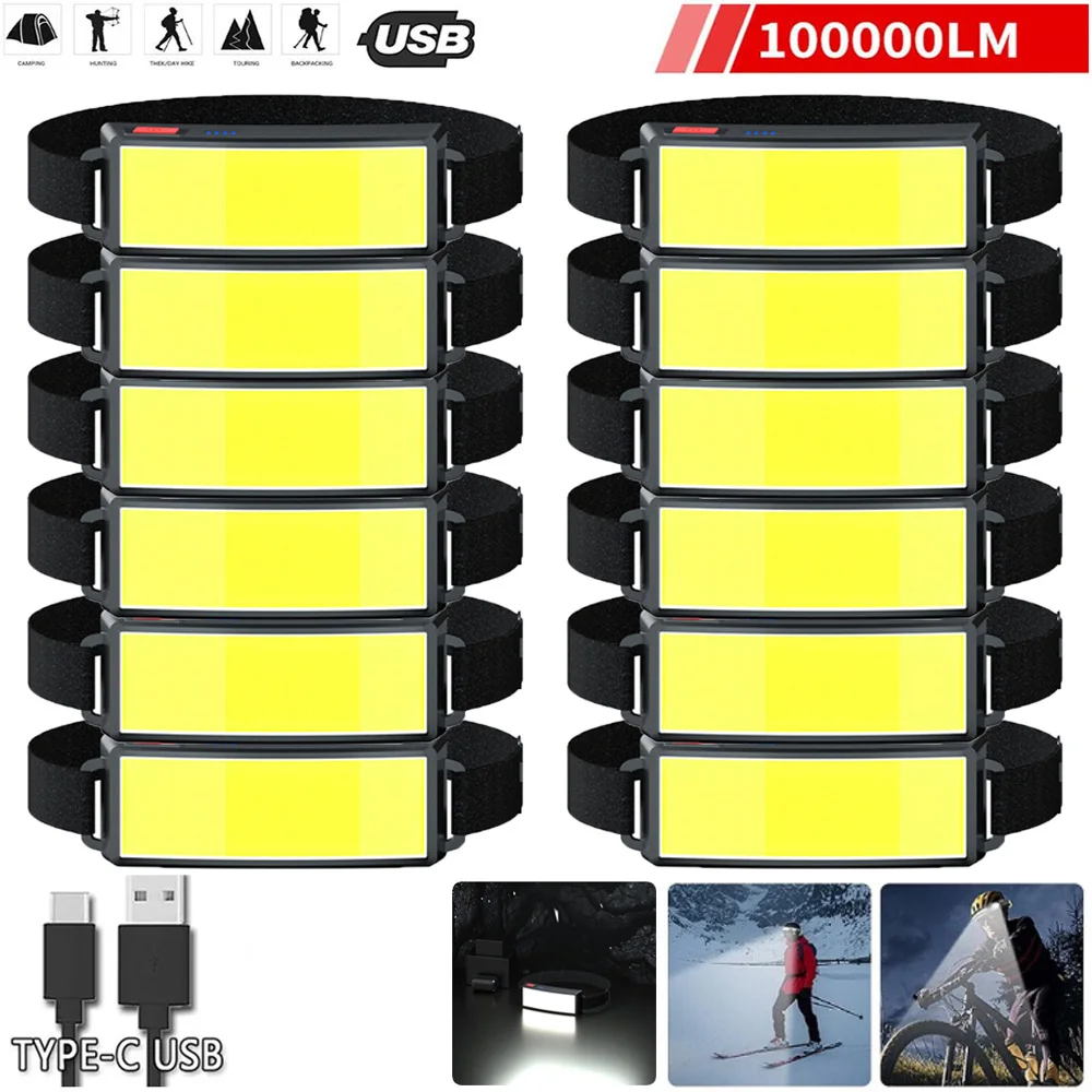 

USB NEW TYPE-C Rechargeable LED Head Lamp Outdoor IPX5 Waterproof Head Torch Light Super Bright COB Headlamp Camping 1/15PCS