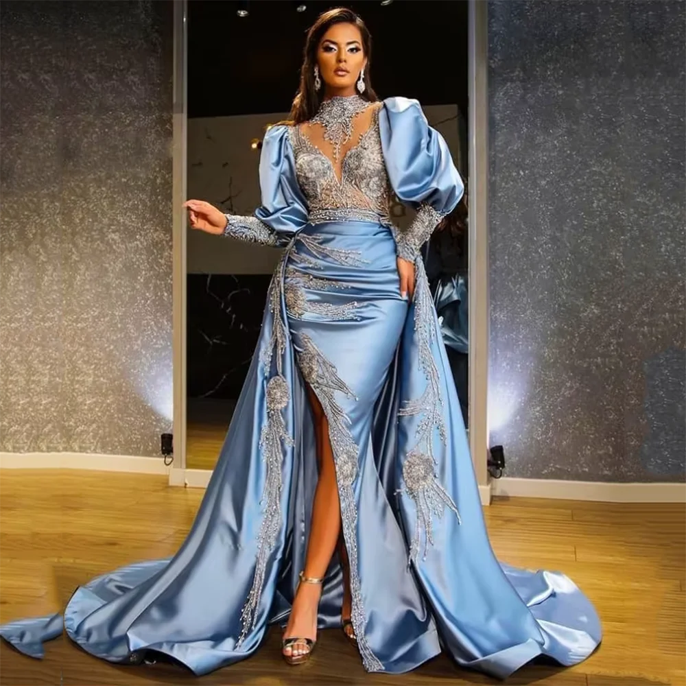 Magnífico manga longa beading vestidos de baile com decote em v tribunal trem alta fenda até o chão formal banquete vestidos de noite feitos à mão