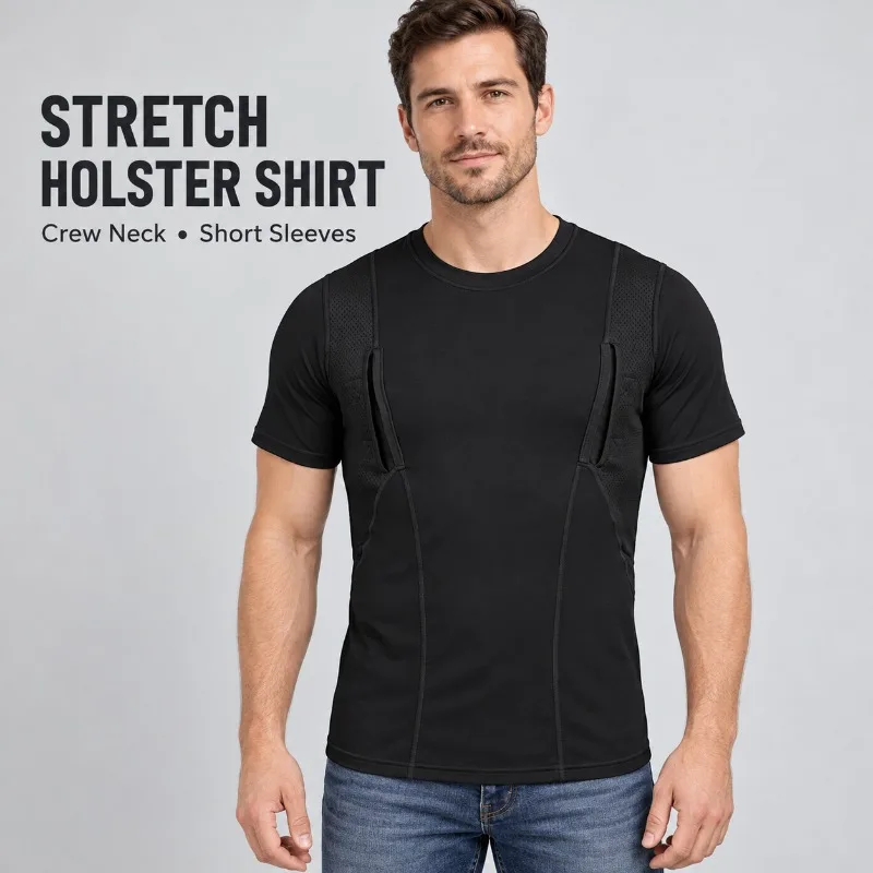 Unisex Holster T Shirt Stretch Short Sleeve Crew Neck Tactical Shirt with Dual Side Pockets Mesh Panels S-5XL