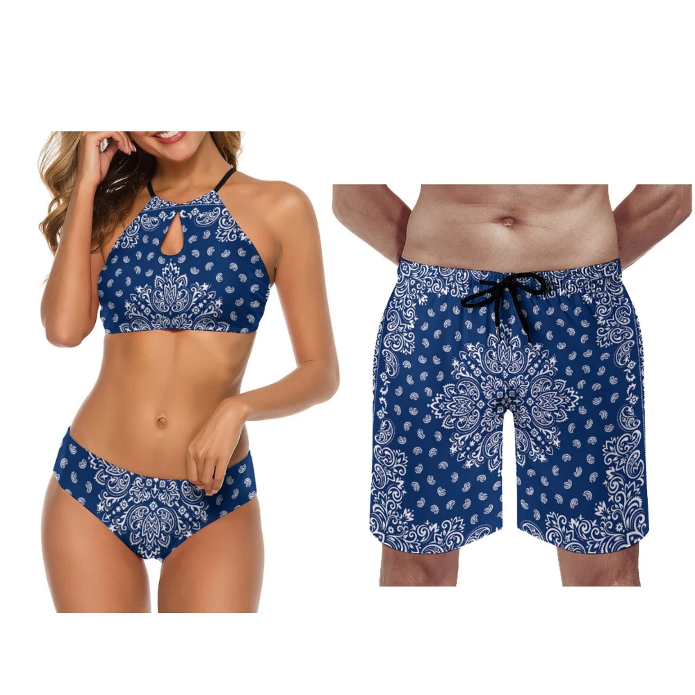 Customizable Bandana Beach Couple Swimsuits Men Casual Beach Pants Women Bikinis Brand New Design