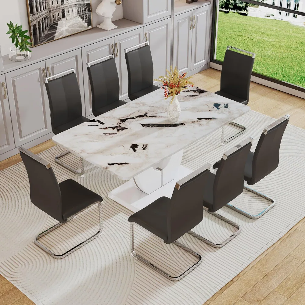 

Dining Table Set for 8,White Marble Dining Table Set for 8,Kitchen Table and 8 PU Leather Upholstered Dining Chairs,71''