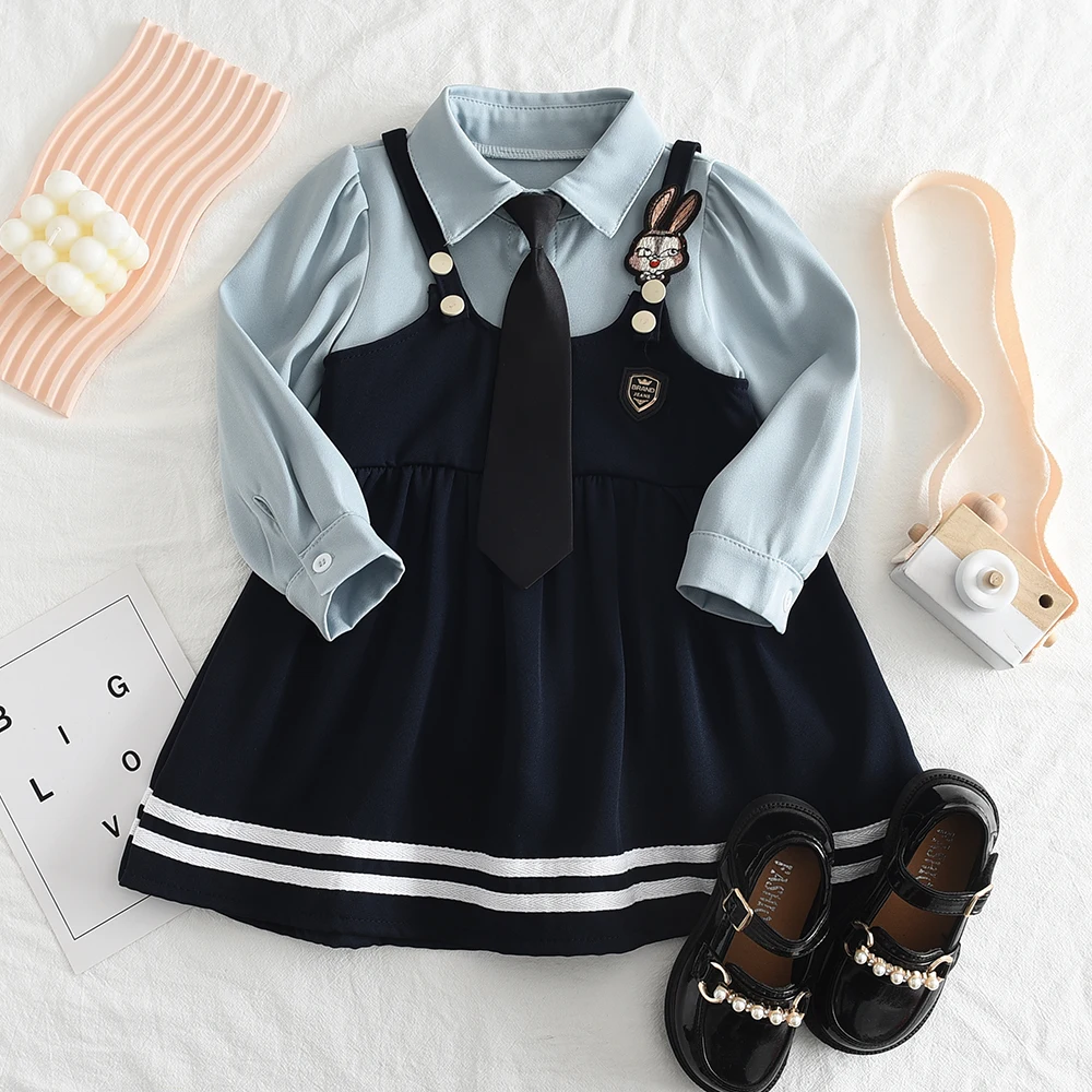 Menoea Girls' Dress 2023 Autumn New Long Sleeve Shirt Rabbit Strap Dress Splice Set Fashion Academy Style Children's Dress