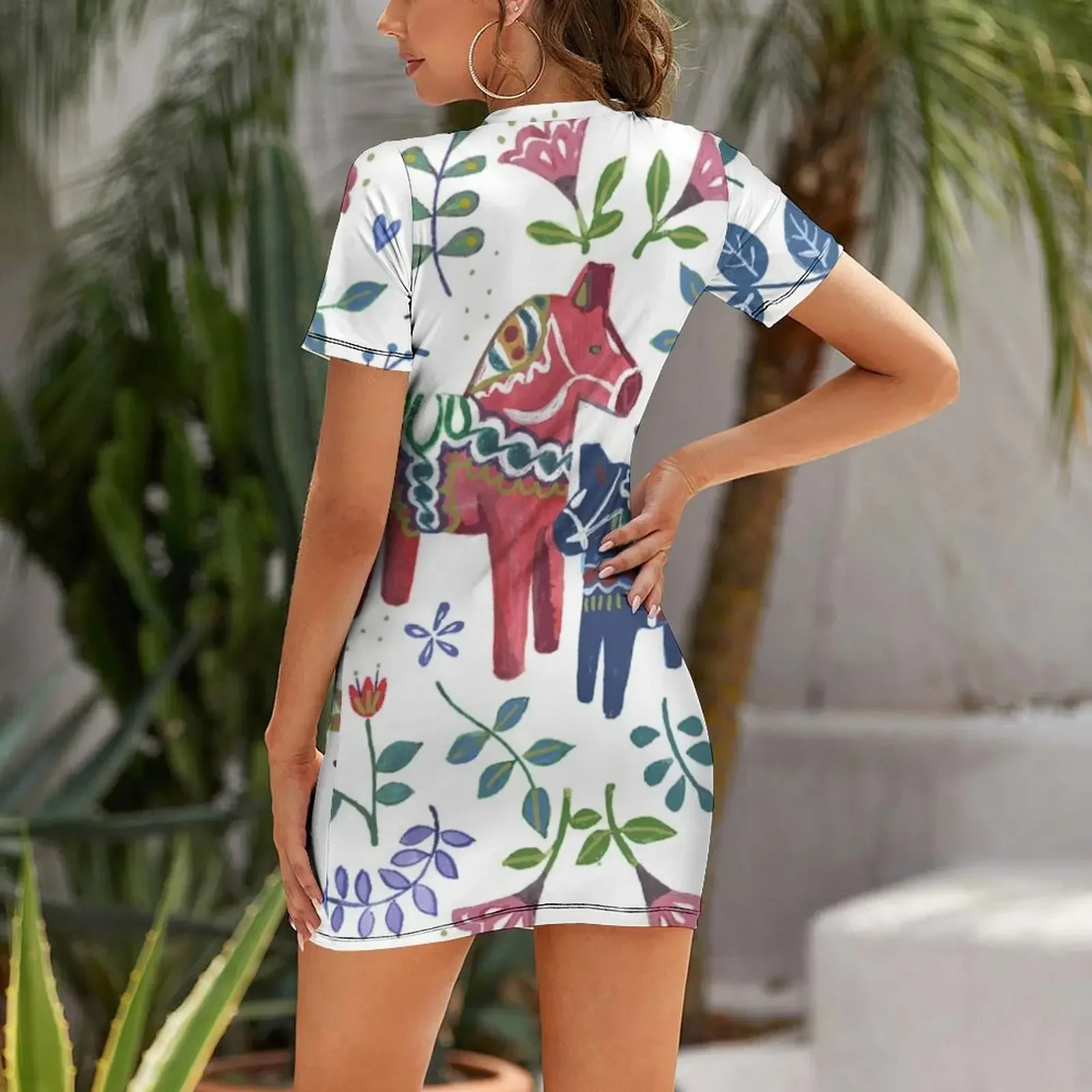 Swedish Dala Horses Short-Sleeved Dress summer women's suit Woman clothing elegant women's dresses sale Dress