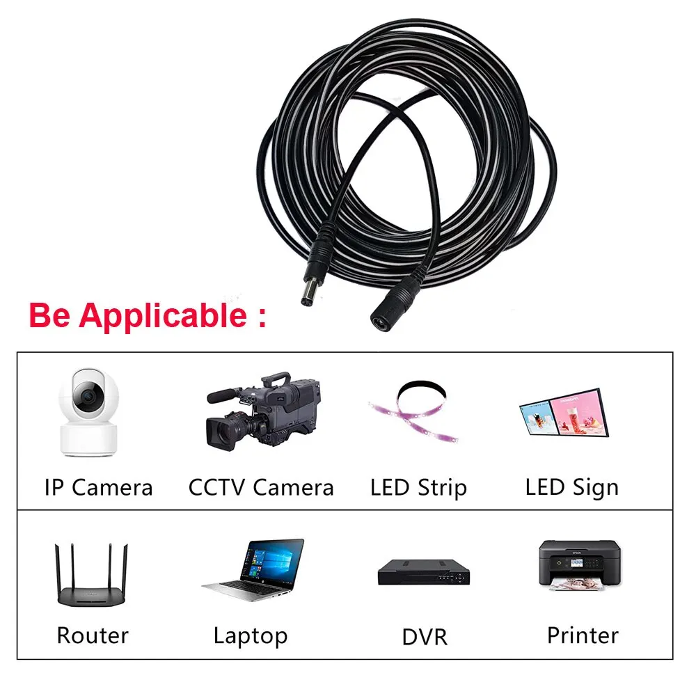 DC Power Connector Cabo de Extensão, Jack Adaptador, cabo de chumbo, Feminino, Masculino Plug Externo, 10m, 5m, 5,5 milímetros * 2,1 milímetros