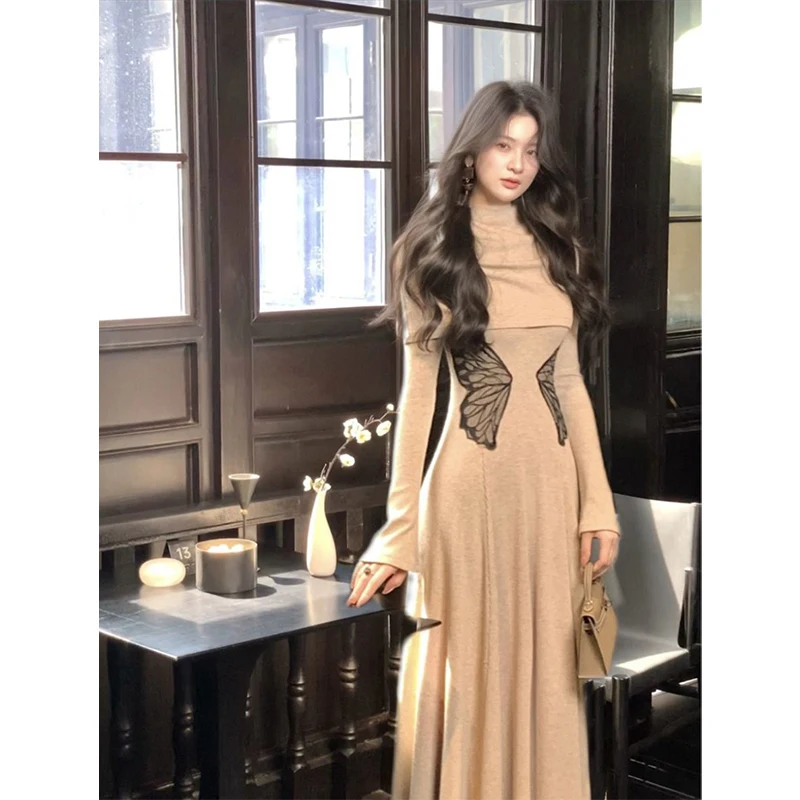 MEXZT Vintage Knitted Long Dress Women Butterfly Patchwork Sweater Maxi Dresses Winter Elegant Robe Long Sleeve Bodycon Vestidos