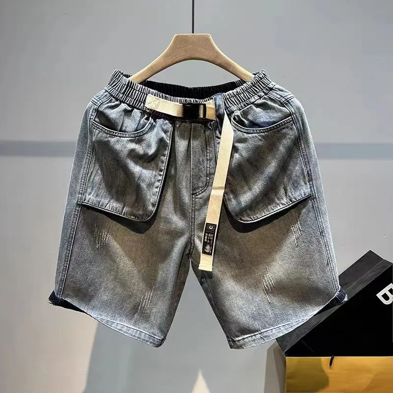 

Blue With Pockets Baggy Men's Short Jeans Pants Original Trend 2025 Thin Korean Fashion Y2k Stretch Cut Male Half Denim Shorts