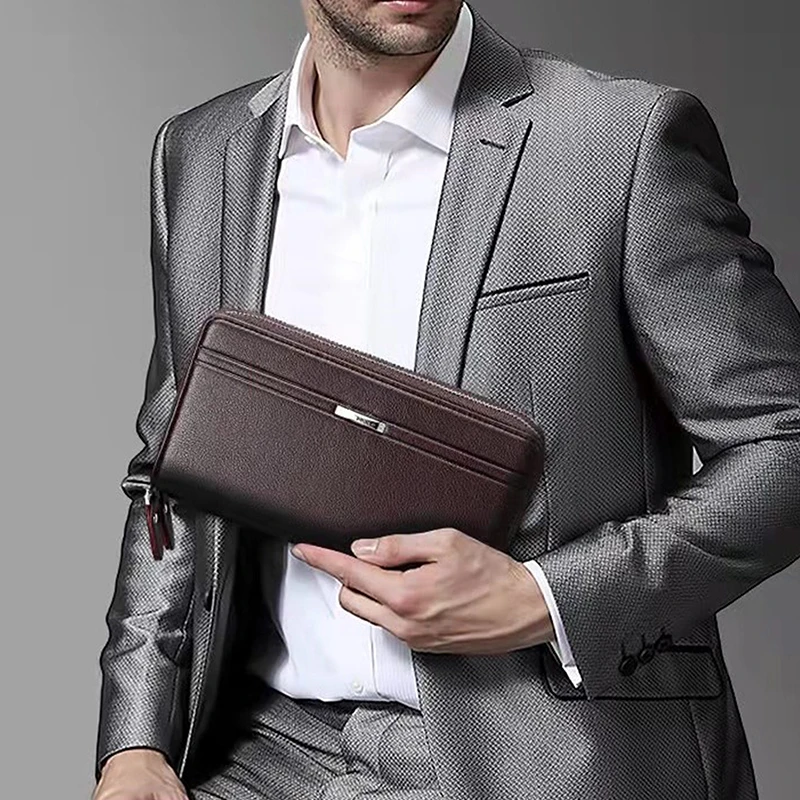 Bolso de mano con múltiples ranuras para hombre, cartera larga de cuero con doble cremallera, bolso de negocios de gran capacidad, tarjetero, regalo para hombre