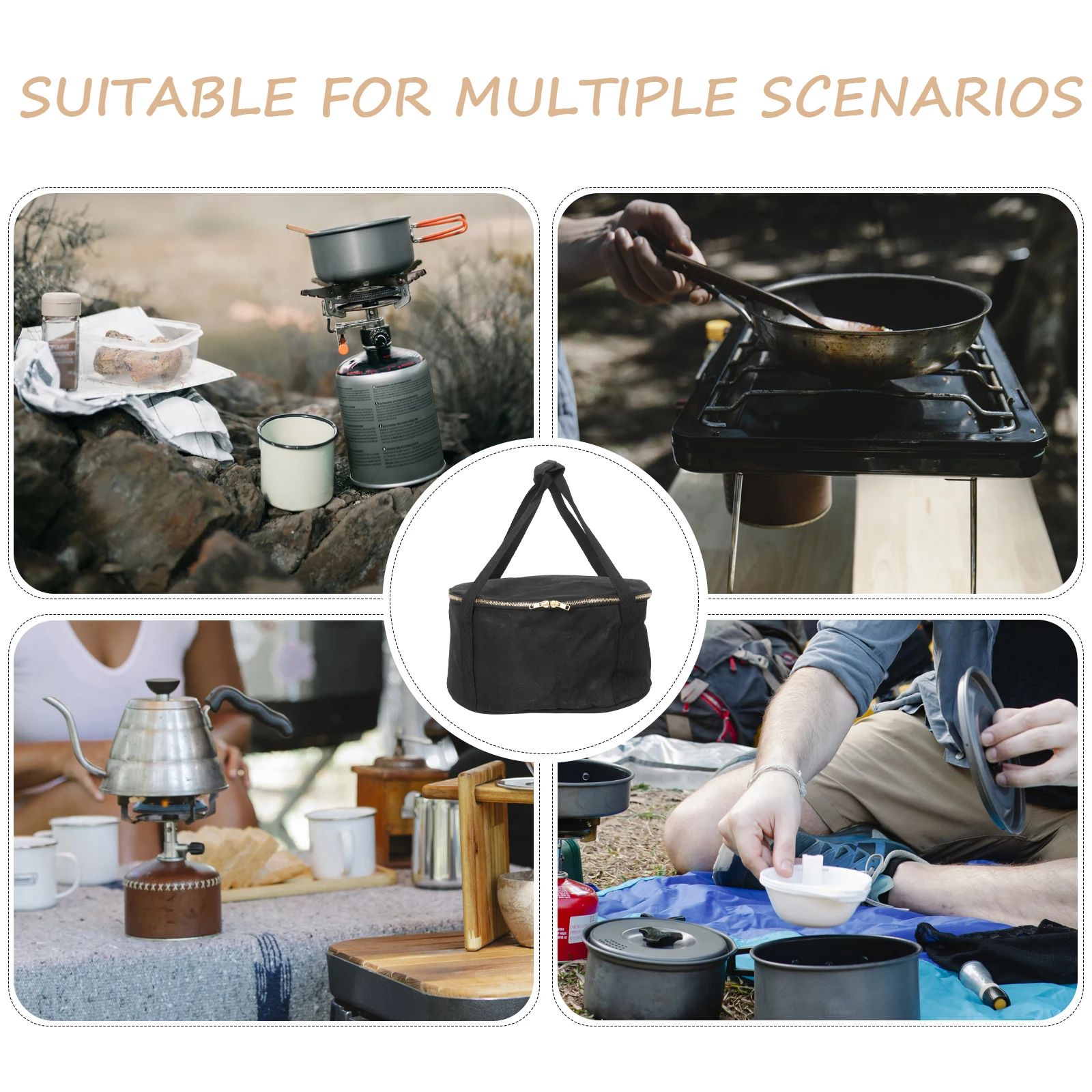 

Cookware Storage Bag Camping Pouch Black Outdoor Tableware Carrying Portable Pan Bag Cloth Material Zipper Handle Design