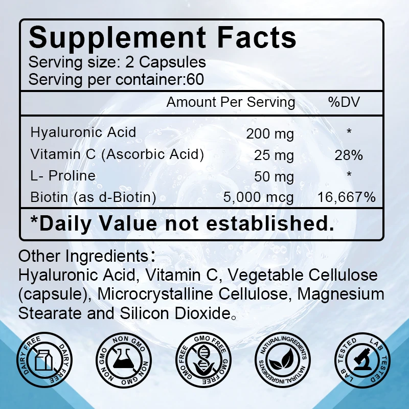 Hyaluronic Acid Capsules, with Vitamin C & Biotin 3 in 1 Support - Skin Hydration, Joint Lubrication, Hair and Eye Health