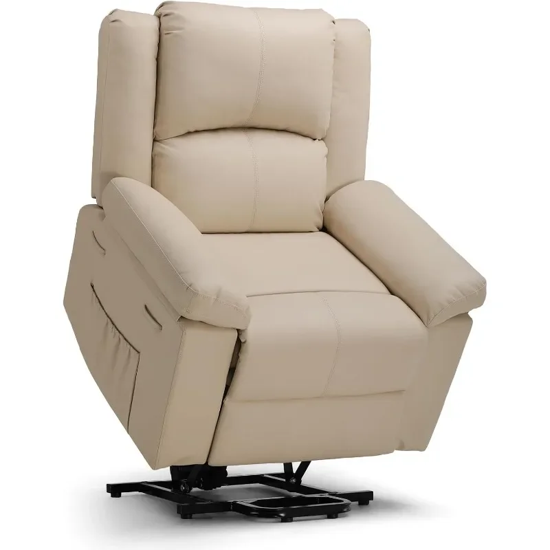 Power Lift Recliner for Elderly, Chair with Heat and Massage，PU Sofa 2 Side Pockets Infinite Position Living Room, White