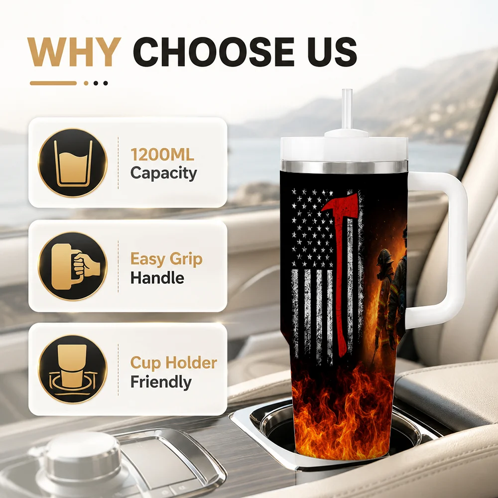 Firefighter Vacuum Flasks 40oz Leakproof Steel Tumbler w/ Lid Straw Handle Hot Cold Drinks