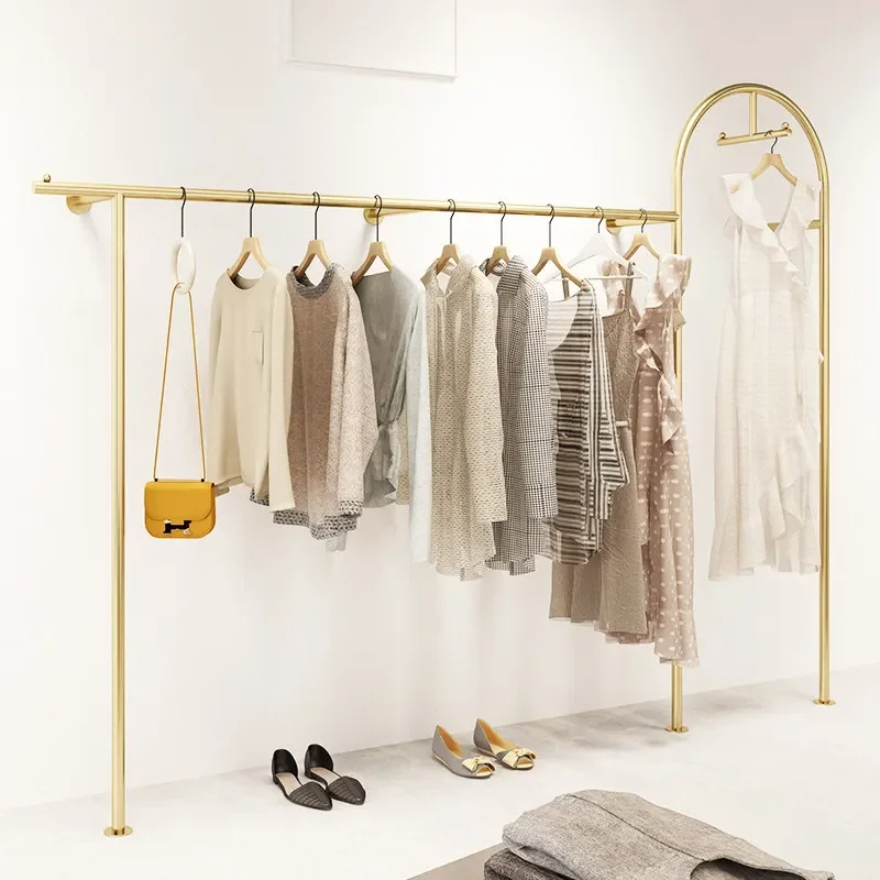 AdvancedClothing Store Display Rack, Golden Hanger Hanging On The Front Side Of The Combination Shelf, Recommended For Trendy St