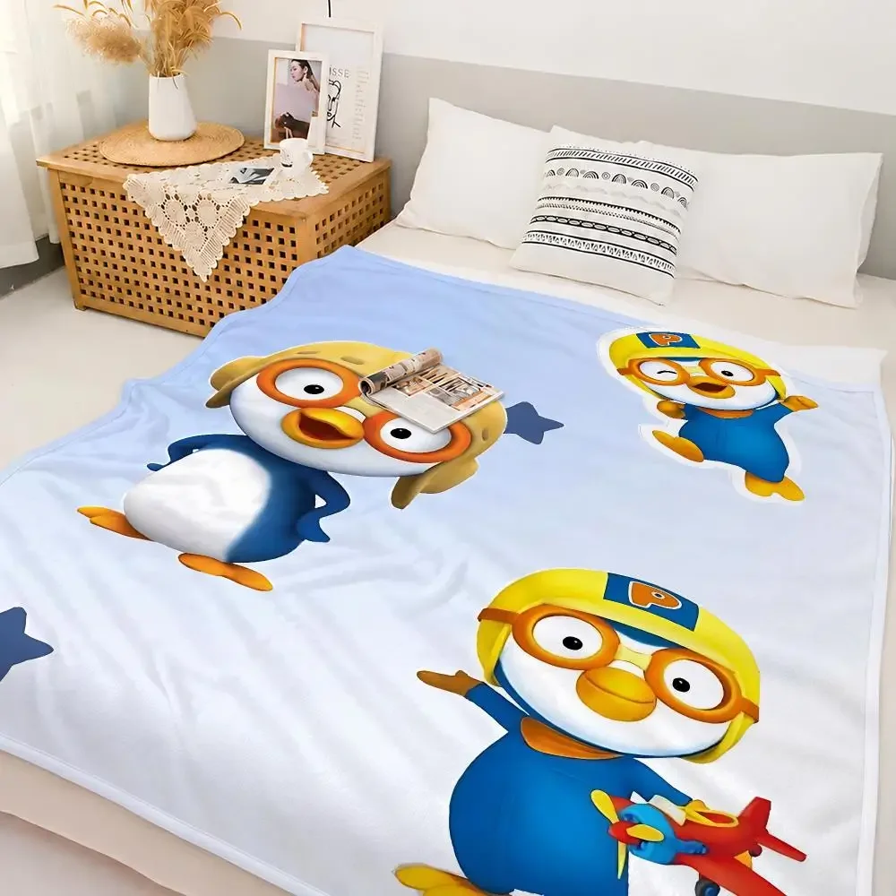 Cute Cartoon Pororo Throw Custom Printed Flannel Fleece Blanket for Sofa Bed Office Travel & Camping