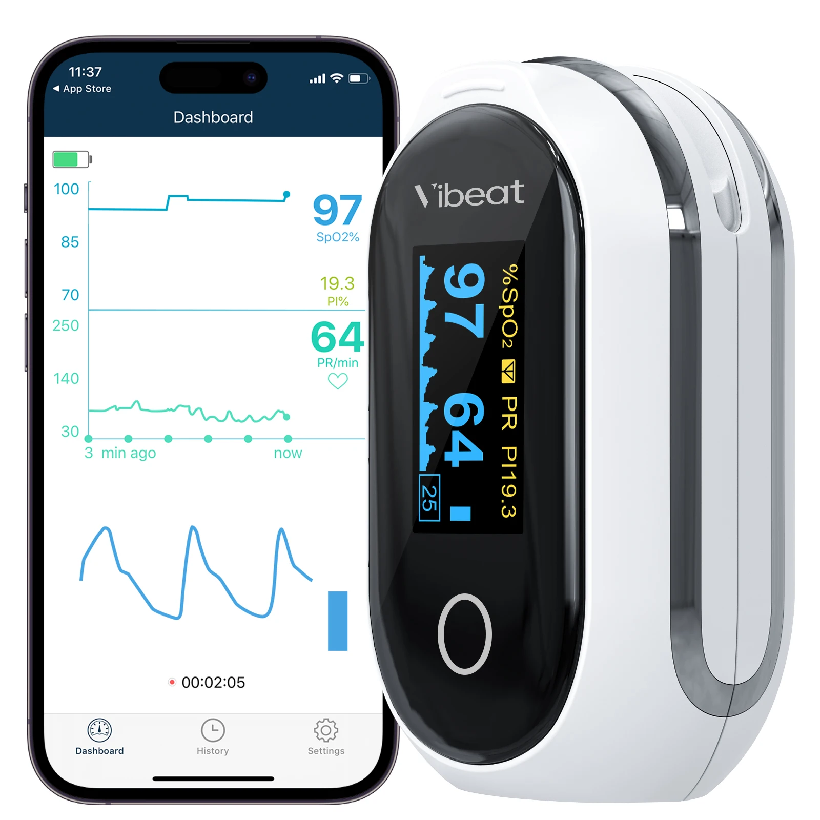 Vibeat PF-10AW Rechargeable Oxygen Meter Finger Pulse Oximete Bluetooth Free App Fingertip Oxygen Saturation Monitor