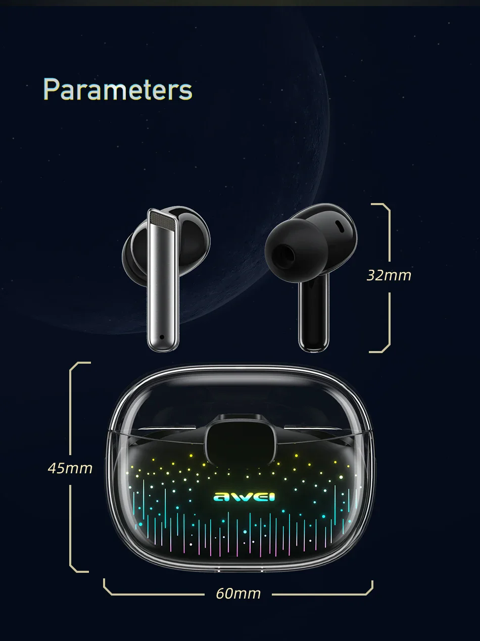 Awei T52pro Headphone Bluetooth 5.3 Speaker Mini Nirkabel Headset Lampu Pernapasan Warna-warni Earphone Gaming TWS In-Ear Headset DNS