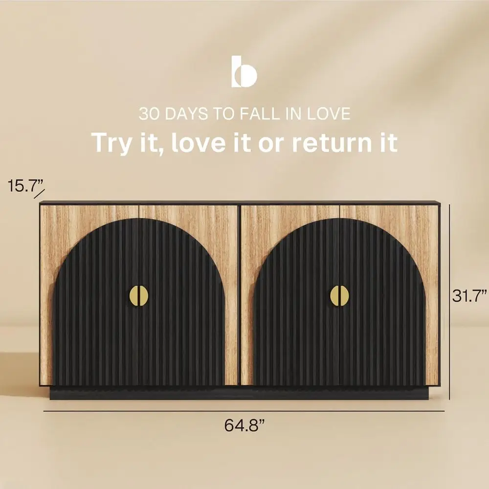 65 Large Camel-Colored Luted Buffet Cabinet with Storage, Symmetrical Arc Design for Dining & Living Spaces