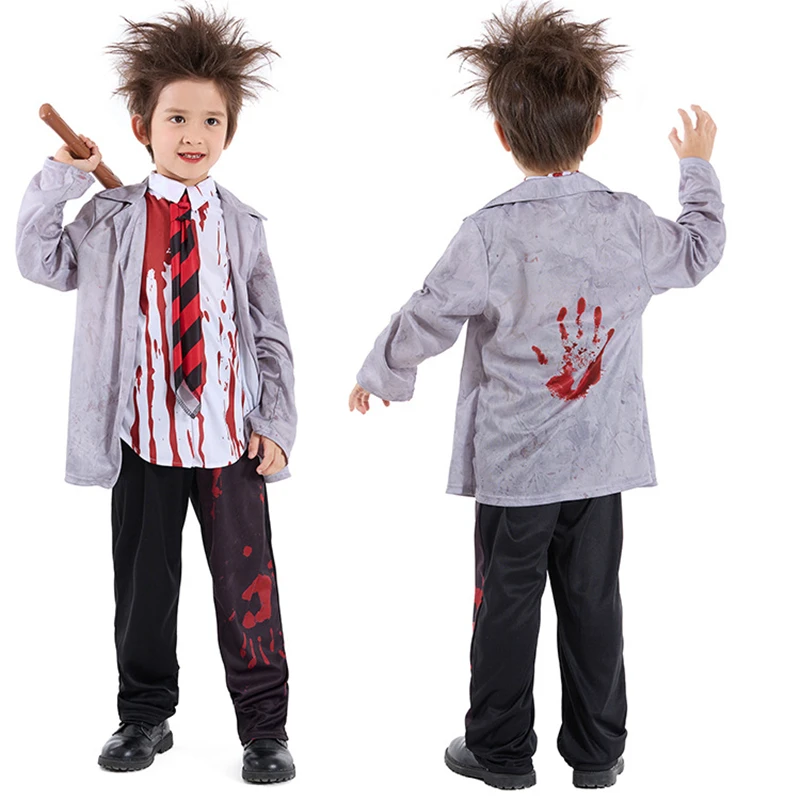 Terreur Bloedige Zombie Kostuum Student Pak Voor Jongens Meisjes Horror Enge Vampier Halloween Purim Carnaval Feest Cosplay Fancy Dress