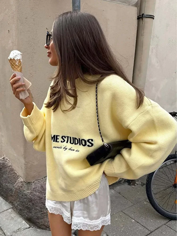 

Yellow Knitted Letter Sweater Women Elegant Round Neck Long Sleeve Short Pullover Casual Lady New Street Autumn Holiday Sweaters