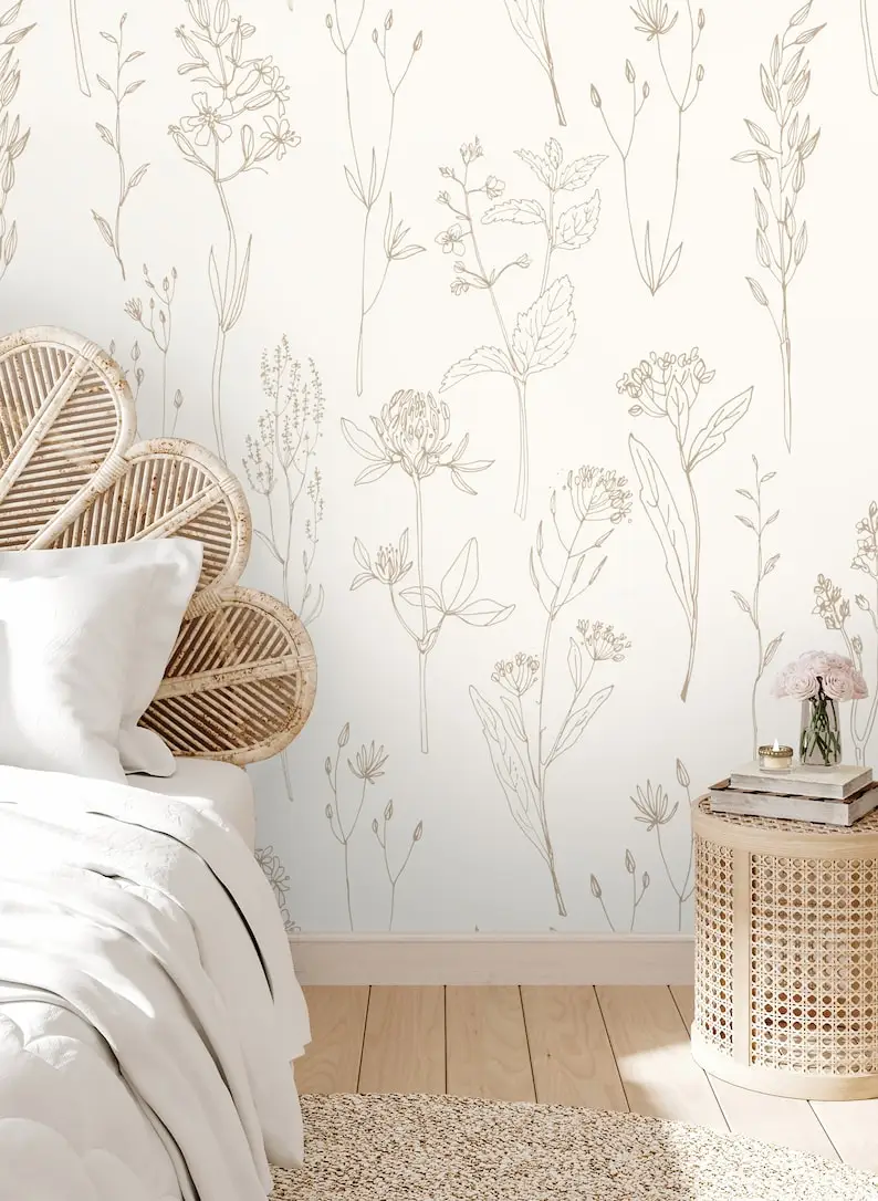 Hand Drawing Wild Flower Wallpaper | Monochrome Colors Meadow Wallpaper Peel and Stick | Wild Plant Branches Wall Mural