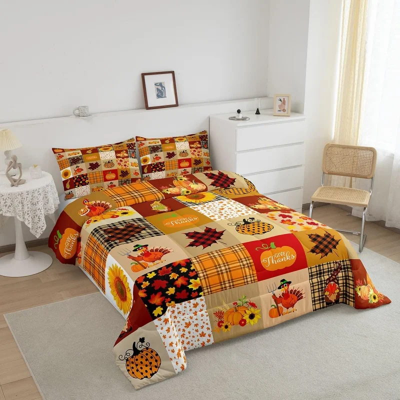 

Autumn Pumpkin Country Farmhouse Maple Leaf Sunflower Quilt Set Thanksgiving Turkey Boy Girl Adult Room Decoration