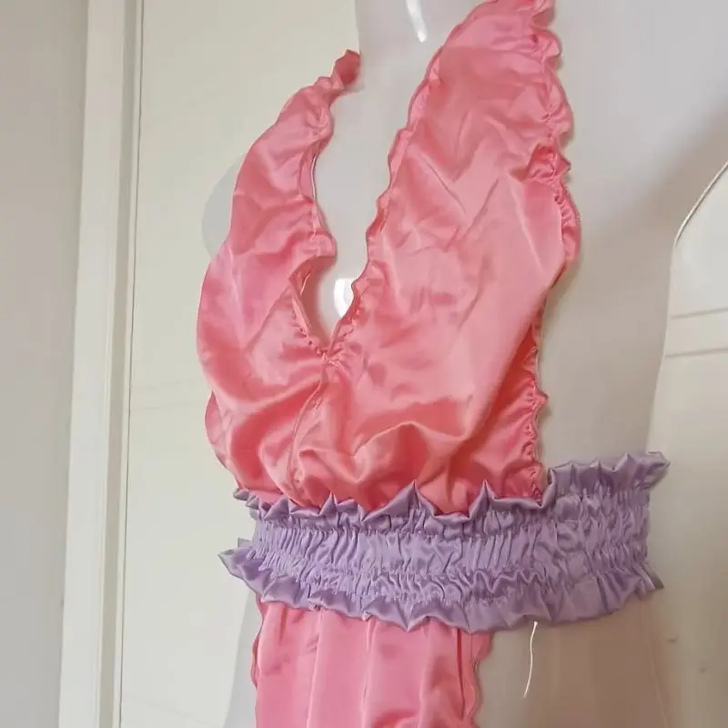 Sissy Silky touch Cosplay Jumpsuit G-string,Couple Sexy Imitation Satin Hanging Neck Vest Style Elastic Waistband Jumpsuit Thong