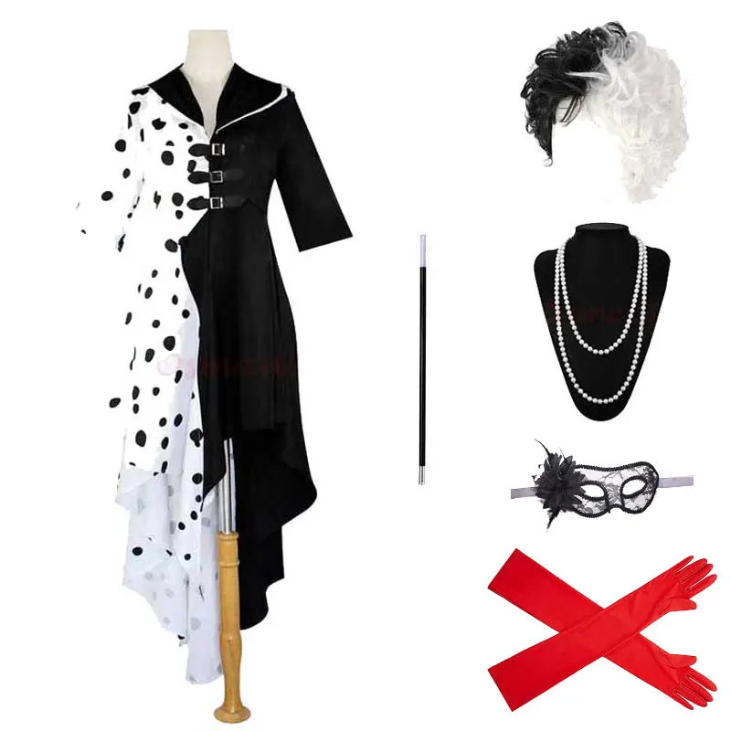 Girls Women Cruella Dress Clothes Cruella De Vil Cosplay Gown Black White Maid Dress Wig Outfits Halloween Party Costumes