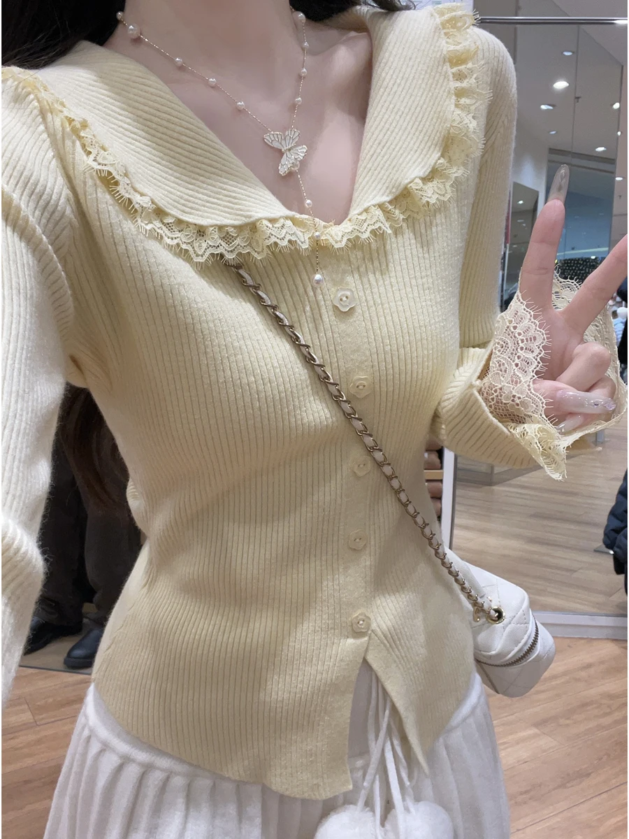 

Корейский кружевной облегающий вязаный открытый кардиган, женский модный осенне-зимний новый поступление, молодежный свитер