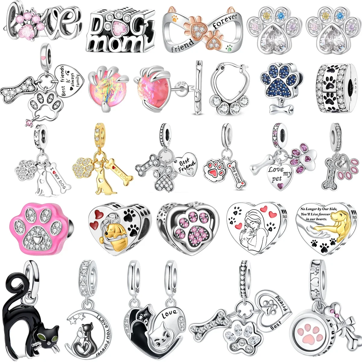 Hot Sales 925 Sterling Silver Charms Cat Dog Claw Zircon Ear Stud Pendant Bead Fit DIY Women's Bracelets Necklaces Jewelry Gifts