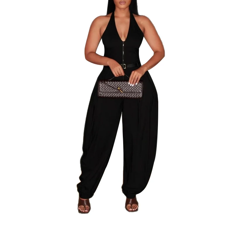 OMSJ Fashion Sexy Halter V Neck High Waist Zip Ruched Pockets Open Back Solid Color One-piece Jumpsuits Women High Street Outfit