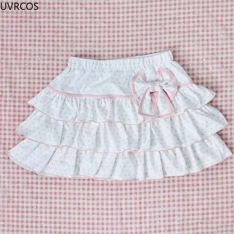 Kawaii Lolita Style Cake Mini Skirts Japanese Women Sweet Polka Dot Print Bow Pleated Skirts A-Line Y2k Short Skirt Faldas Mujer