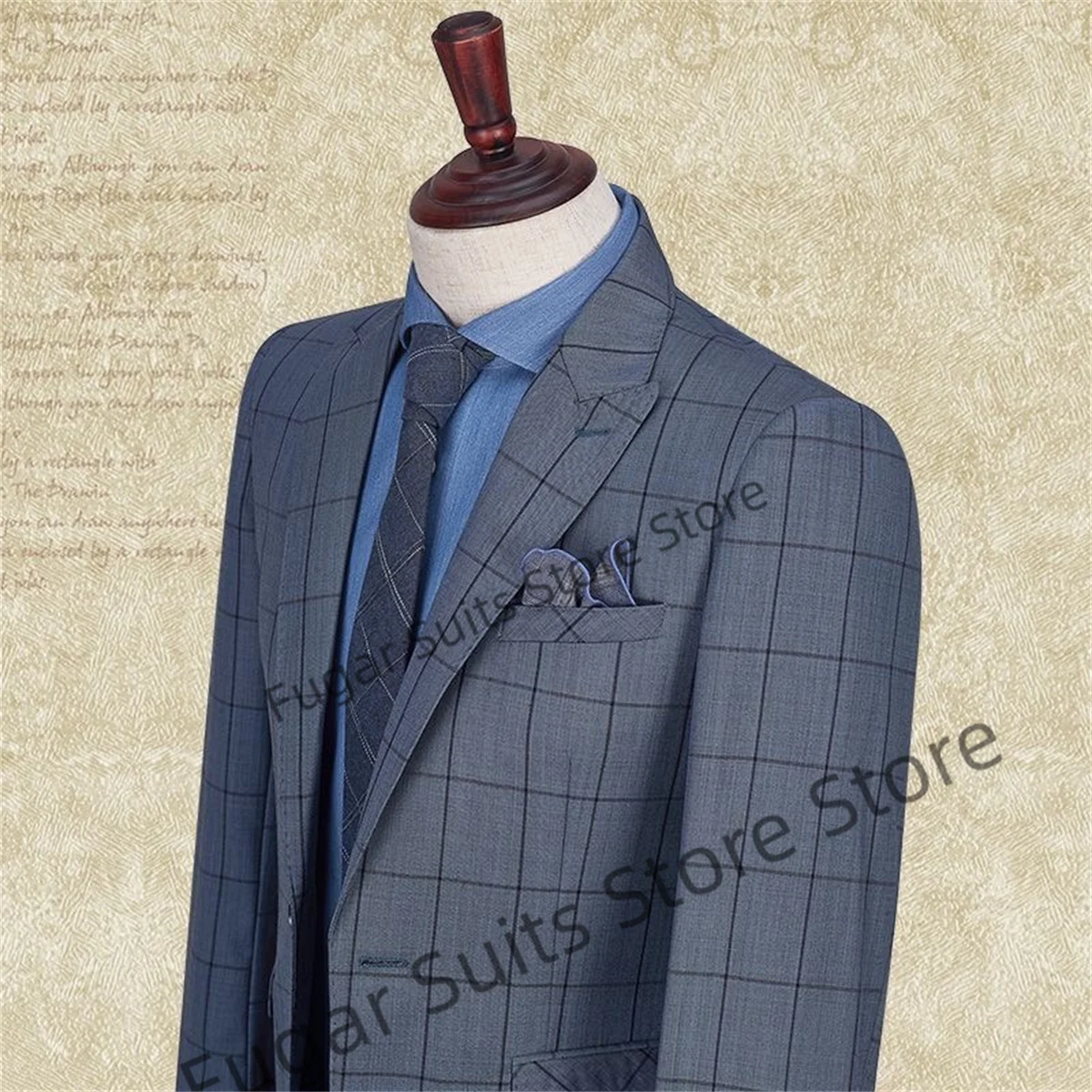 

High Qublity Office Work Navy Blue Plaid Men Suits Slim Fit Wedding Groom Tuxedos 2 Pcs Sets Business Male Blazer Costume Homme