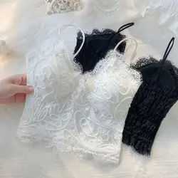 Soutien-gorge rembourré à bretelles spaghetti pour femmes, haut court, caraco en fibre de dentelle, sous-vêtements légers, col en V