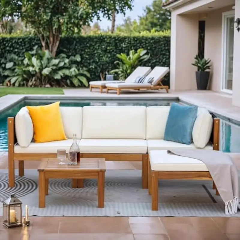 5-Piece Modern Outdoor Sectional Set Featuring Acacia Wood Frame Natural Finish Flexible Configuration Armless Chair Corner Unit