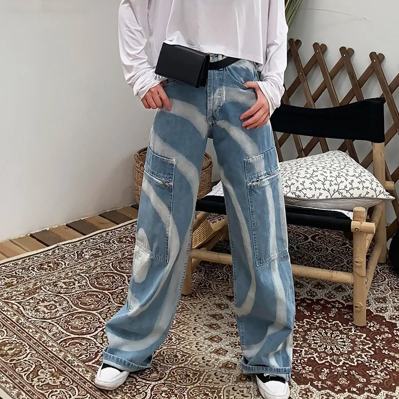 

2024 Spring New Light Color Regular Washed Female Jeans Wide Leg Curved Pattern Contrast High Waist Long Pants for Women Denim