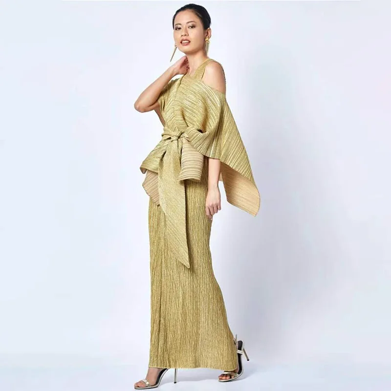 Women's yellow lace-up cloak + sleeveless dress Miyak Pleated Fashion plus-size elegant evening dresses