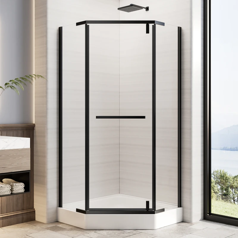

36"D X 36"W X 72"H Neo-Angle Shower Door, Corner Shower Door, 1/4" Tempered Glass With Explosion-Proof Film, Black Stainless