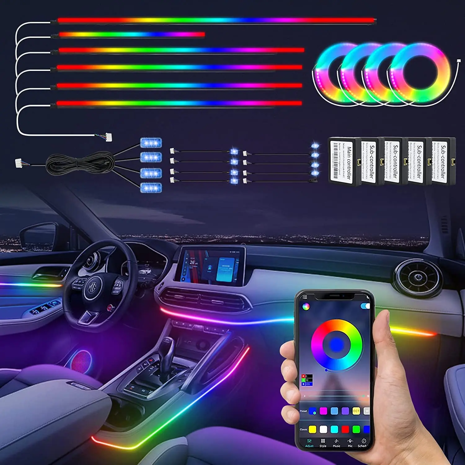 22 in 1 Symphony Car Ambient Lights LED RGB 64 colori striscia acrilica nascosta Kit lampada per atmosfera interna per cruscotto clacson Light