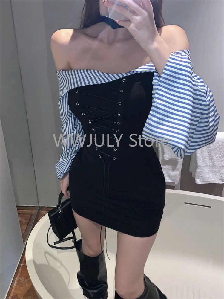 Woman  American Style Vintage Off Shoulder Lace Up Sexy Dress New Streetwear Casual Y2k Mini Dress Patchwork Fashion Slim Dress