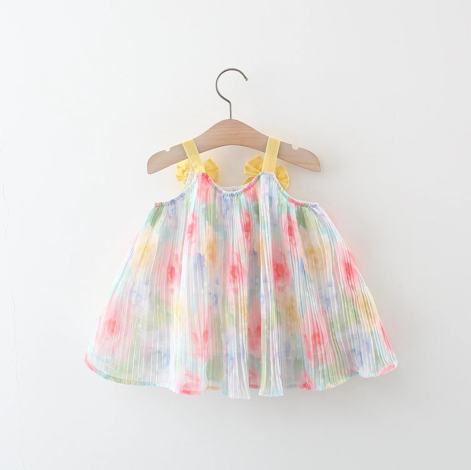 Summer New Strap Flower Colorful Handdrawn Style Sweet Princess Dress Birthday Party Dress Sweet Bow Birthday Party Dress