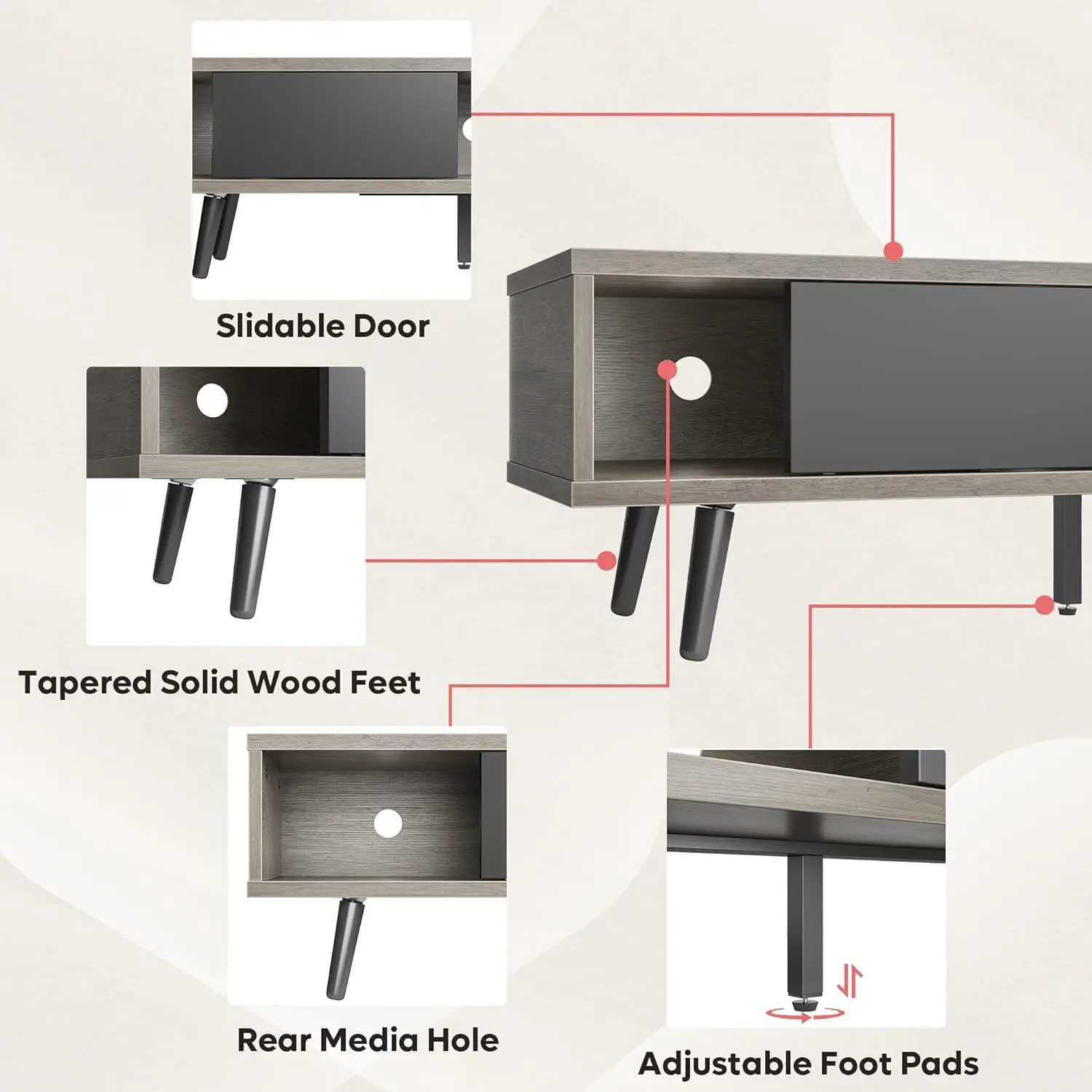 Mid Century Modern TV Stand, Low Profile TV Stand with Storage, Entertainment Center for Living Room, Cord Management